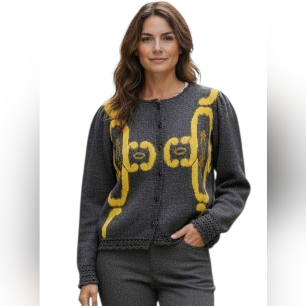 Vintage Silk Angora Blend Beaded Intarsia Cardigan Gold Scroll Pattern  Medium